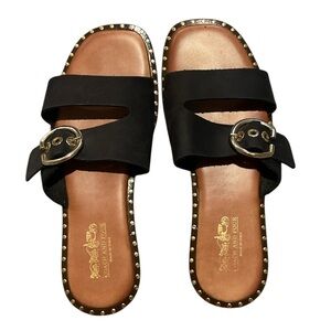 Coach and Four Aquila Slide Black‎ Sandals with Gold Accents